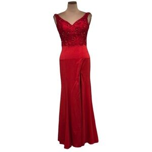 Samila & Co Prom Dress Size XS Red Beaded Floral Embroidered Formal Maxi Dress
